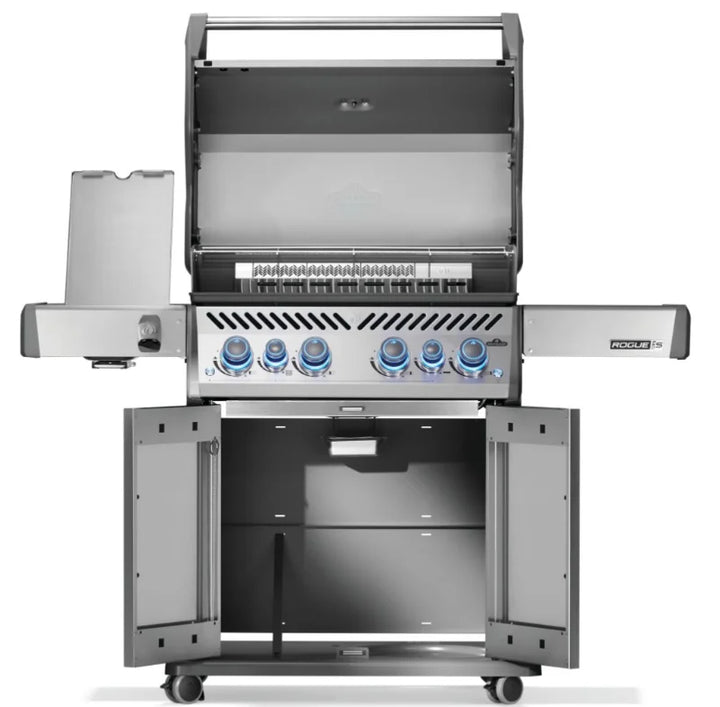 Napoleon Rogue PRO-S 525 RSIB grill features six burners, including infrared side and rear burners, stainless steel construction, and iconic WAVE cooking grids for professional-grade grilling performance.