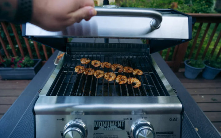 Monument Grills G22 Tabletop Gas Grill - Compact stainless steel grill with two powerful burners delivering 15,000 BTUs, ideal for patios, balconies, RVs, and camping.