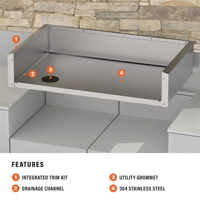 Blackstone 36” Drop-in Griddle Insulating Jacket - Premium 304 stainless steel jacket designed for safe installation in combustible outdoor kitchens or BBQ islands, featuring water drainage system and cable routing port.