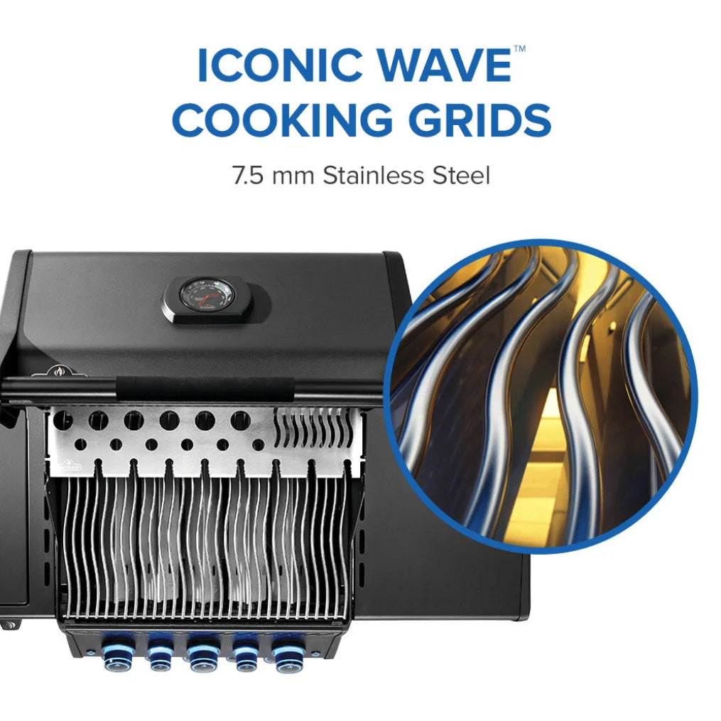 Napoleon Phantom Rogue PRO-S 425 RSIB – Matte Black grill features five burners, infrared rotisserie burner, and SIZZLE ZONE side burner for professional performance and versatile cooking options in luxurious matte black finish.