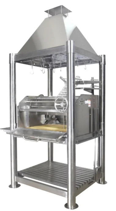 Tagwood's The Silver Bullet stainless steel Santa Maria Style Grill features six cooking surfaces, built-in firebox, and 304 stainless steel construction for maximum durability.