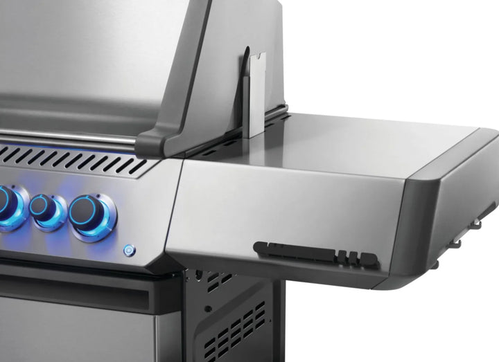 Napoleon Prestige 500 Series RSIB Gas Grill with sleek stainless steel design, infrared rear and side burners, heavy-duty rotisserie kit, and smart technology connectivity for advanced outdoor grilling.