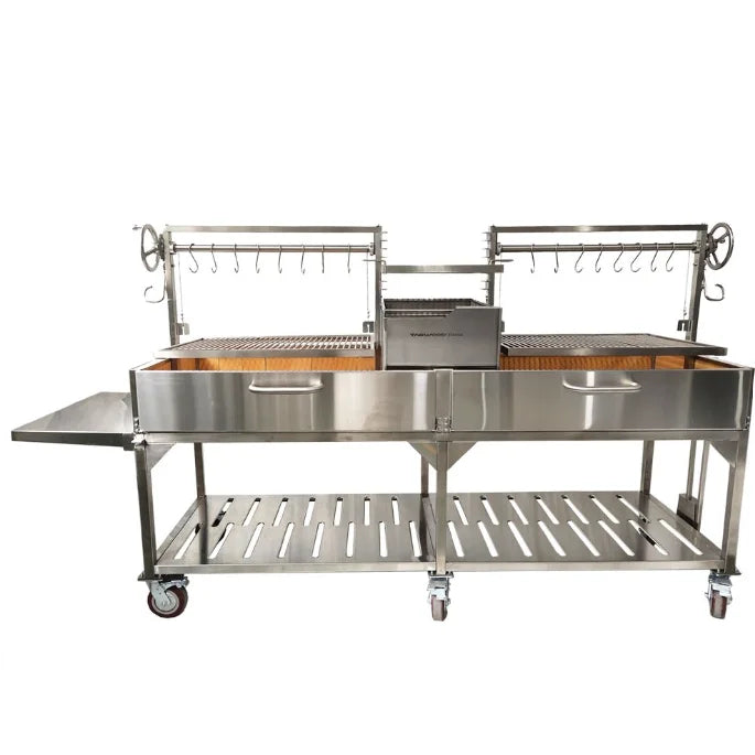 Tagwood XL Santa Maria Style Grill - Stainless Steel: premium 304 stainless steel grill featuring two massive grilling surfaces, dual fireboxes, and height-adjustable grates for multiple cooking techniques at once.