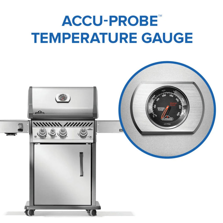 Napoleon Rogue PRO 425 SIB with Infrared Side Burner: Durable stainless steel construction features three precision-engineered main burners, infrared side burner for intense heat, and stainless steel WAVE grids for even heating and signature sear marks.