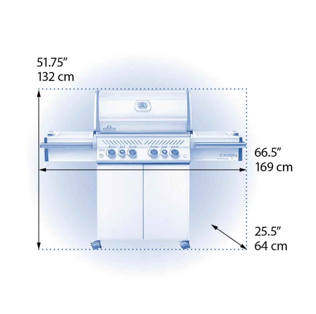Napoleon Prestige Pro 500 with Infrared Side & Rear Burners: Luxury propane gas grill with stainless steel construction, six powerful burners, infrared side and rear burners, 900 sq. in. cooking space, WAVE grates, Jetfire ignition, and LED NIGHT LIGHT control knobs.