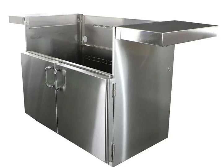 Vintage 42-Inch Freestanding Grill Cart VBQ42GC features premium #304 stainless steel construction, fold-down side shelves, and heavy-duty casters for smooth mobility and substantial storage.
