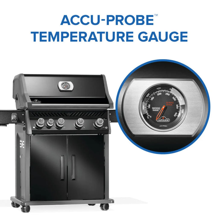 Napoleon Rogue PRO 525 Black Natural Gas Grill with Infrared Side Burner features four main burners, an integrated infrared SIZZLE ZONE side burner, and porcelainized cast iron cooking grids for professional-grade performance in a sleek design.