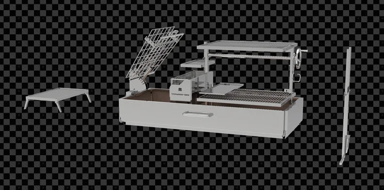 Tagwood 2XL Built-In Santa Maria Style Grill features five distinct cooking zones including clamp grill, interchangeable griddle, roofing grill, fixed grate, and secondary grate, all crafted from premium 304 stainless steel with over 2,600 sq. in. of grilling space.