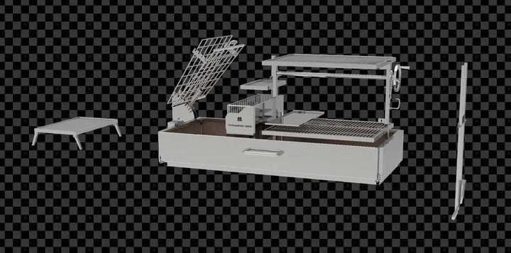 Tagwood 2XL Built-In Santa Maria Style Grill features five distinct cooking zones including clamp grill, interchangeable griddle, roofing grill, fixed grate, and secondary grate, all crafted from premium 304 stainless steel with over 2,600 sq. in. of grilling space.