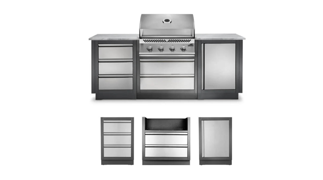 Napoleon OASIS 100 Modular Outdoor Kitchen Island Kit with 500 Series 32-Inch Gas Grill features compact luxury design, powder-coated galvanneal steel cabinets, and stainless steel doors for durability and performance, delivering 48,000 BTUs across five burners with JETFIRE ignition system.