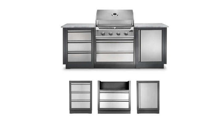 Napoleon OASIS 100 Modular Outdoor Kitchen Island Kit with 500 Series 32-Inch Gas Grill features compact luxury design, powder-coated galvanneal steel cabinets, and stainless steel doors for durability and performance, delivering 48,000 BTUs across five burners with JETFIRE ignition system.