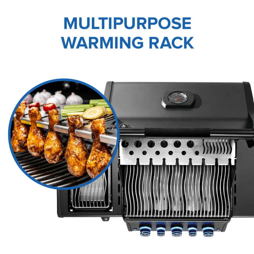 Napoleon Phantom Rogue PRO-S 425 RSIB – Matte Black grill features five burners, infrared rotisserie burner, SIZZLE ZONE side burner, and iconic WAVE cooking grids in luxurious matte black finish.