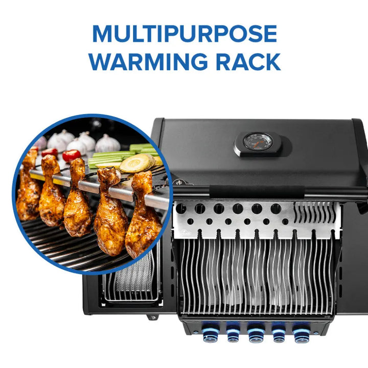 Napoleon Phantom Rogue PRO-S 425 RSIB – Matte Black grill features five burners, infrared rotisserie burner, SIZZLE ZONE side burner, and iconic WAVE cooking grids in luxurious matte black finish.