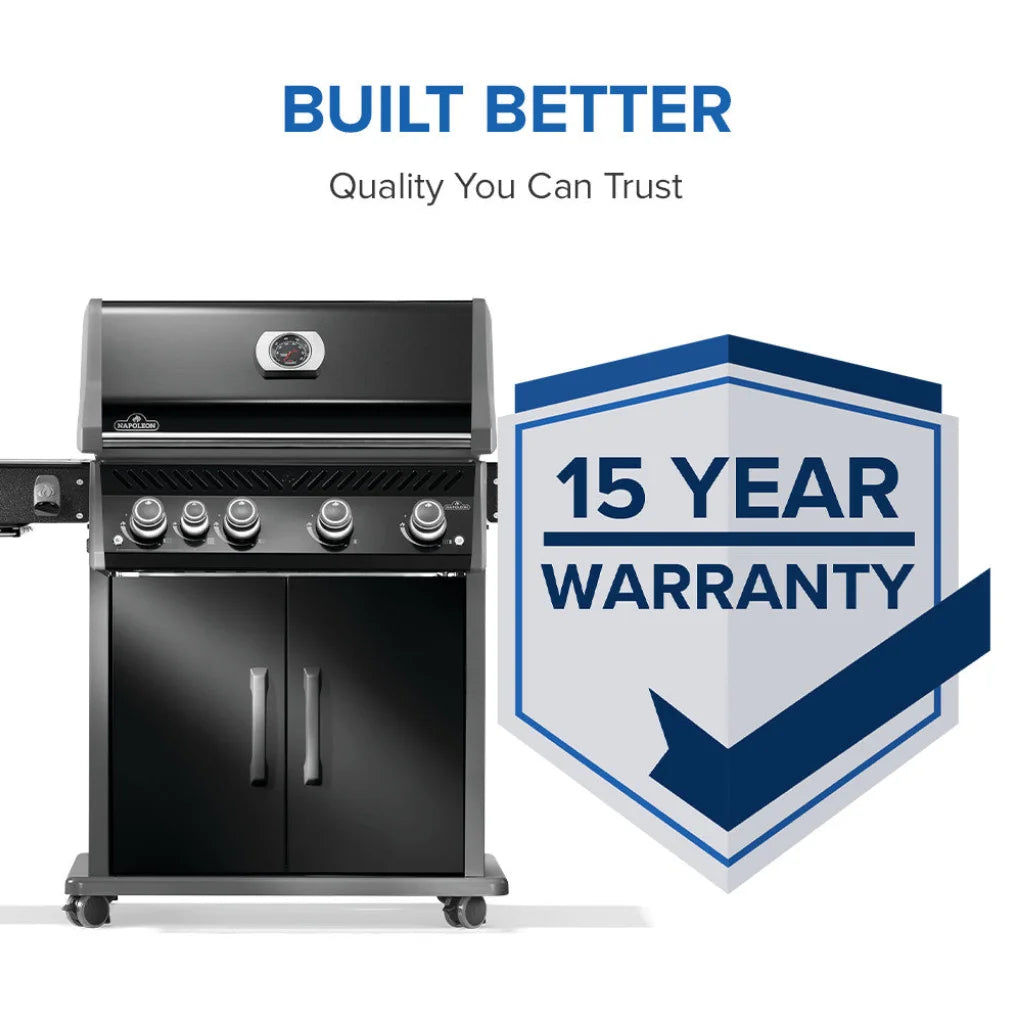 Napoleon Rogue PRO 525 Natural Gas Grill with Infrared SIZZLE ZONE side burner features four main burners, porcelainized cast iron cooking grids and a durable black finish for professional-grade performance and weather resistance.
