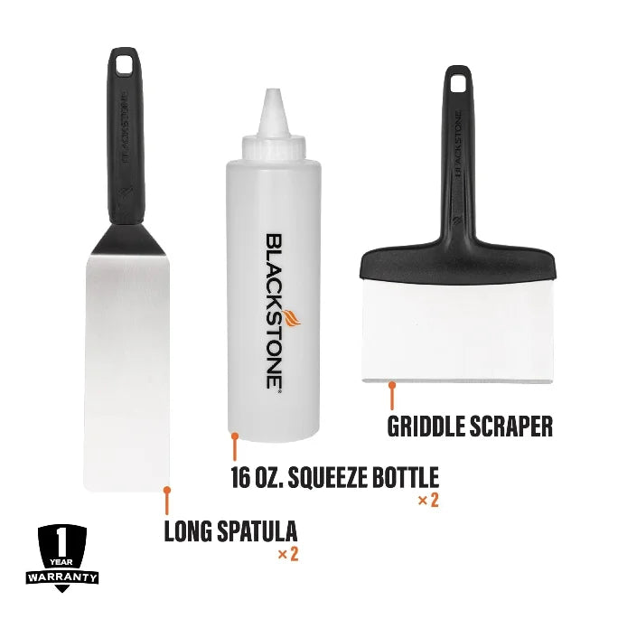 Blackstone 5 Piece Professional Griddle Toolkit featuring two long stainless-steel spatulas, a beveled edge griddle scraper, and two 16 oz. squeeze bottles for effortless cooking and cleaning.