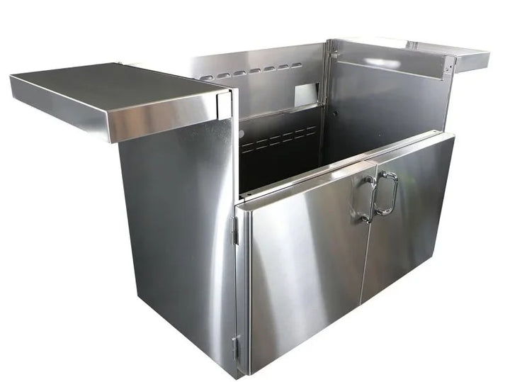 Vintage 42-Inch Freestanding Grill Cart VBQ42GC features premium #304 stainless steel construction, commercial-grade casters for smooth mobility, and fold-down shelves providing ample workspace for grill masters.