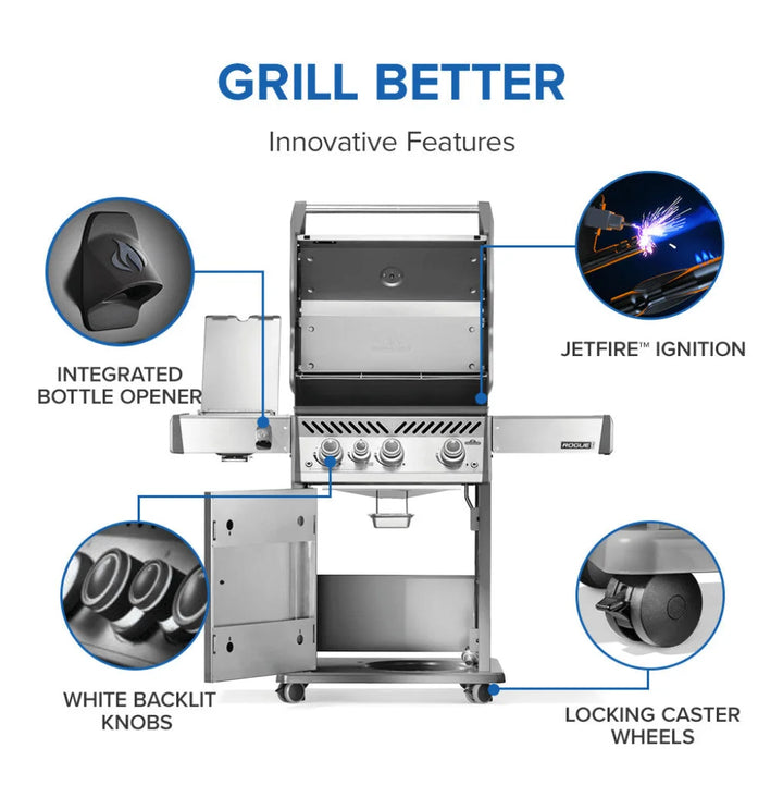 Napoleon Rogue PRO 425 SIB with Infrared Side Burner stainless steel propane gas grill features three main burners, Iconic WAVE cooking grids, and an infrared side burner for intense heat control and signature sear marks.