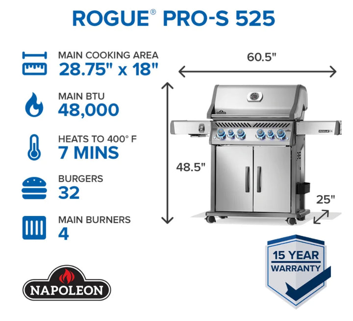 Napoleon Rogue PRO-S 525 RSIB with Infrared Side and Rear Burner grill in stainless steel features six burners, SIZZLE ZONE infrared side burner, and rear infrared rotisserie burner for professional-grade performance in the comfort of your backyard.