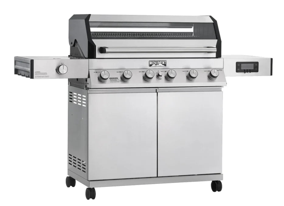 Monument Grills Denali Series D605 Gas Grill featuring six high-output burners, stainless steel construction, ClearView lid, digital touchscreen interface, color-changing LED knobs, and Bluetooth connectivity for smart grilling control.