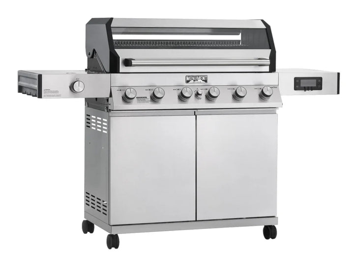 Monument Grills Denali Series D605 Gas Grill featuring six high-output burners, stainless steel construction, ClearView lid, digital touchscreen interface, color-changing LED knobs, and Bluetooth connectivity for smart grilling control.