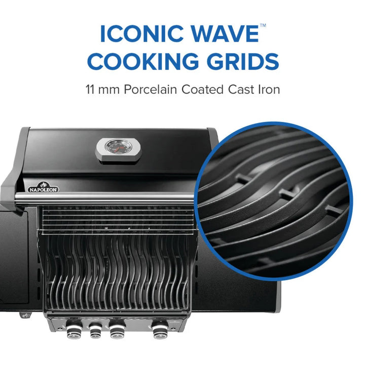 Napoleon Rogue PRO 425 SIB Natural Gas Grill with Infrared Side Burner and Premium Black Finish features precision main burners, porcelainized cast iron cooking grids, and an infrared sear station for perfect searing and high-temperature cooking.