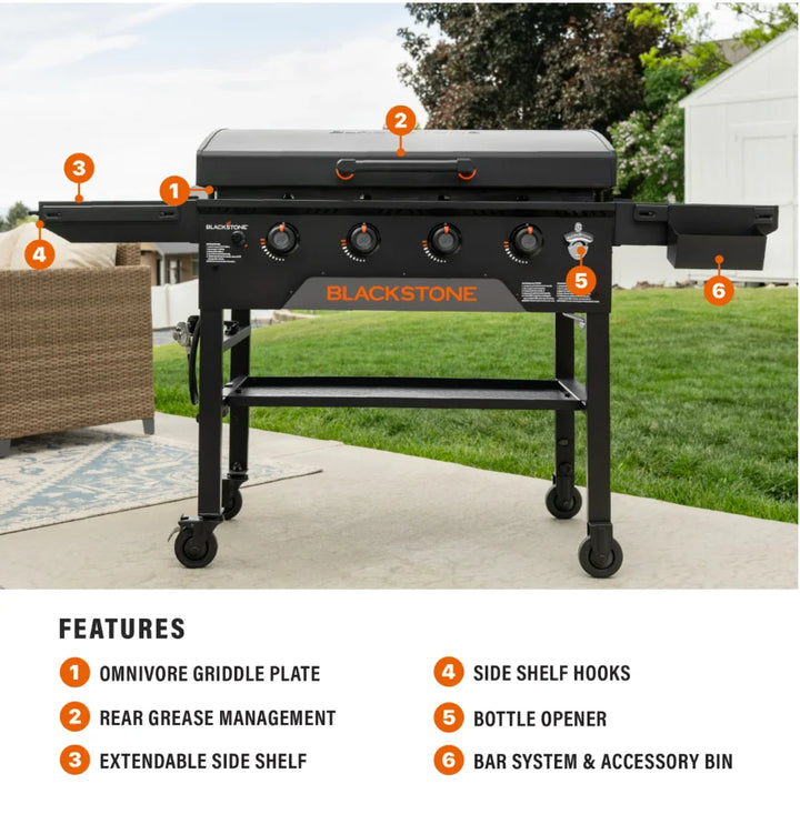 Blackstone Original 36-Inch Griddle with Hood features Omnivore plate technology, four controlled heat zones, reinforced hood, and extensive prep space for outdoor cooking perfection.