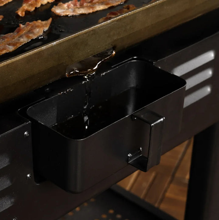Blackstone Original 36-Inch Griddle with Hood features Omnivore technology for even heat distribution and improved fuel efficiency, four independently controlled heat zones, and a reinforced hood with 'X' brace for durability.
