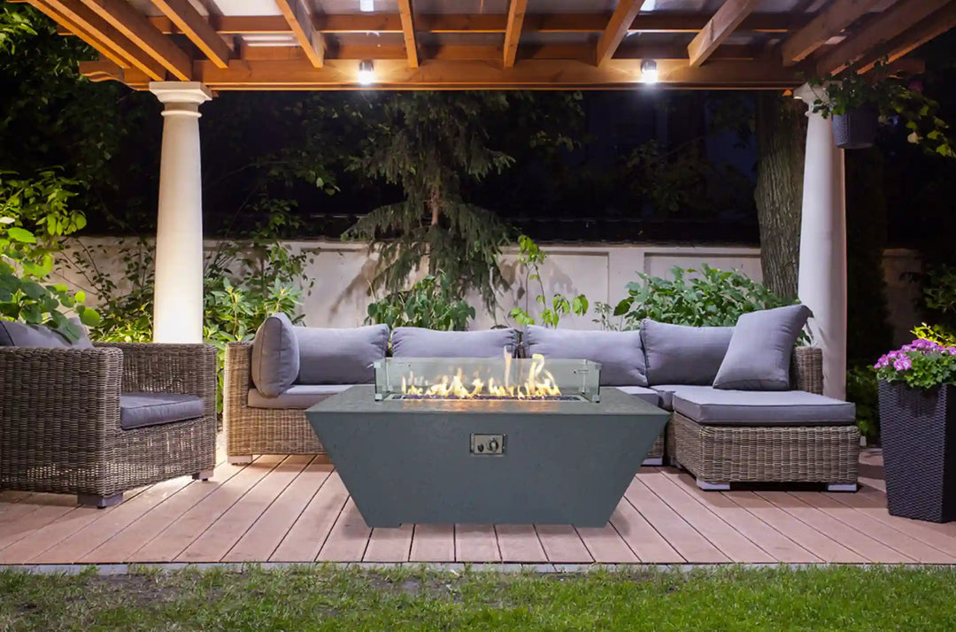 Grand Canyon Olympus Rectangular Fire Table 24", 24" tall, contemporary design conceals propane tank within sleek GFRC frame, perfect for patios and outdoor kitchens.