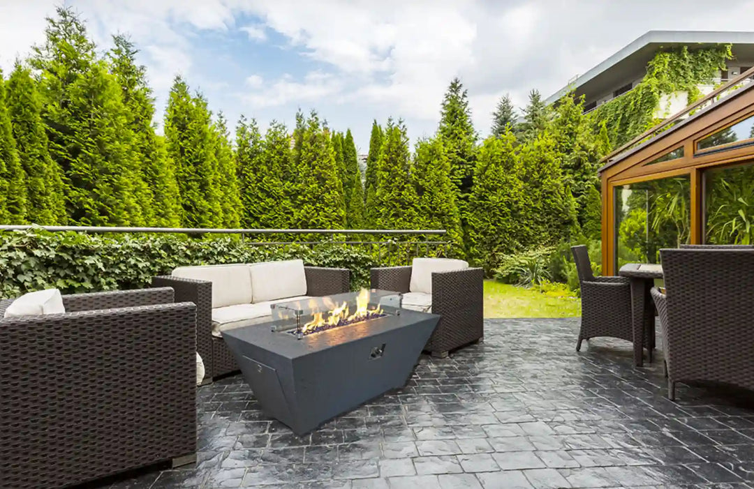Grand Canyon Olympus Rectangular Fire Table 24" High, sleek GFRC design conceals propane tank for clean outdoor ambiance.