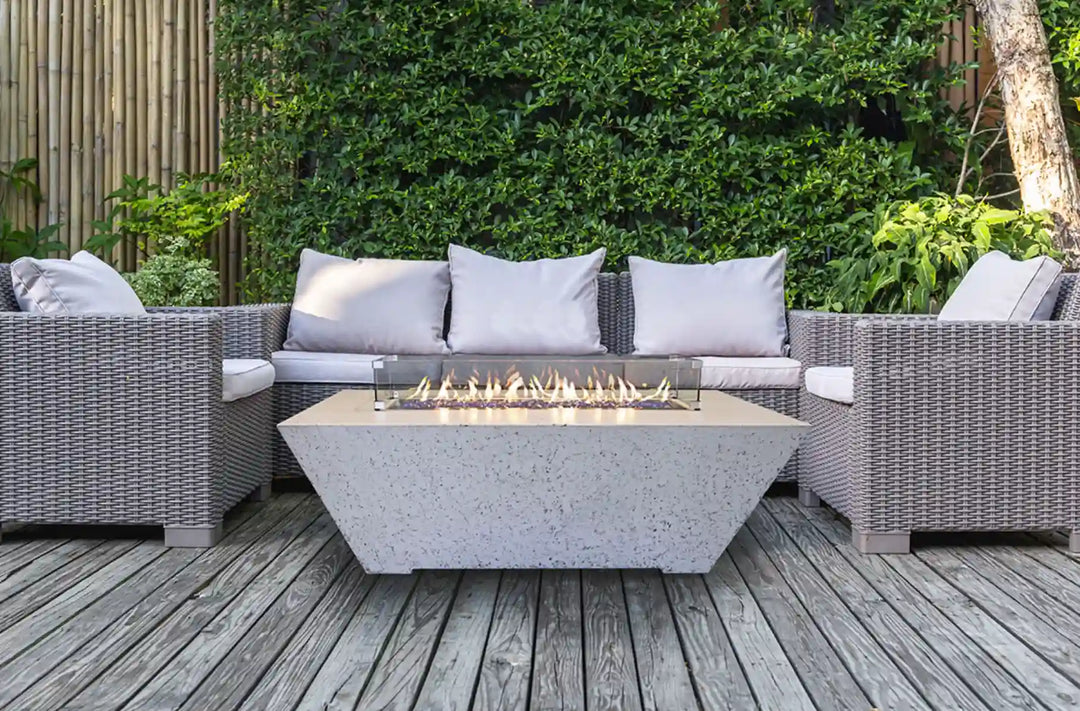Grand Canyon Olympus Rectangular Fire Table 24" High, handcrafted GFRC fire pit concealing propane tank, suitable for patios, pool decks, and outdoor kitchens.