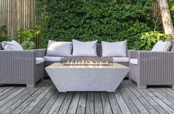 Grand Canyon Olympus Rectangular Fire Table 24" High, handcrafted GFRC fire pit concealing propane tank, suitable for patios, pool decks, and outdoor kitchens.