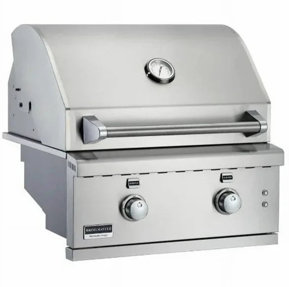 Broilmaster G-Series 26" Elite Edition Built-In Gas Grill: Compact yet powerful grill for smaller outdoor kitchens featuring 304 stainless steel construction, two high-performance Bow Tie burners producing 36,000 BTUs of even heat across 606 sq. in. of cooking space.
