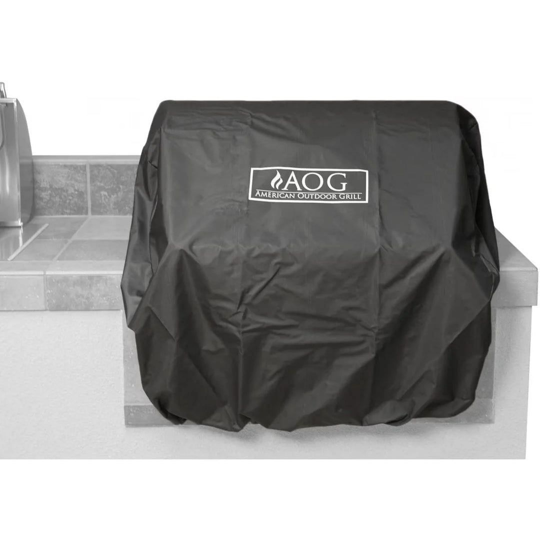 AOG 30-Inch Built-In Grill Cover in heavy-duty black vinyl with double-stitched seams for durability and weather protection.