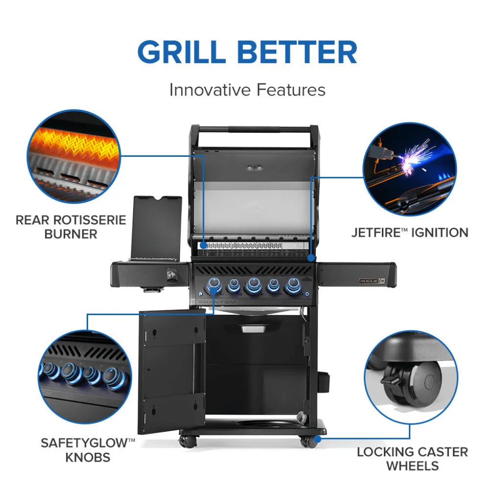 Napoleon Phantom Rogue PRO-S 425 RSIB - Matte Black grill features five burners, including infrared rear rotisserie burner for slow-roasted perfection and SIZZLE ZONE side burner for intense searing temperatures, with iconic WAVE cooking grids and SafetyGlow control knobs.