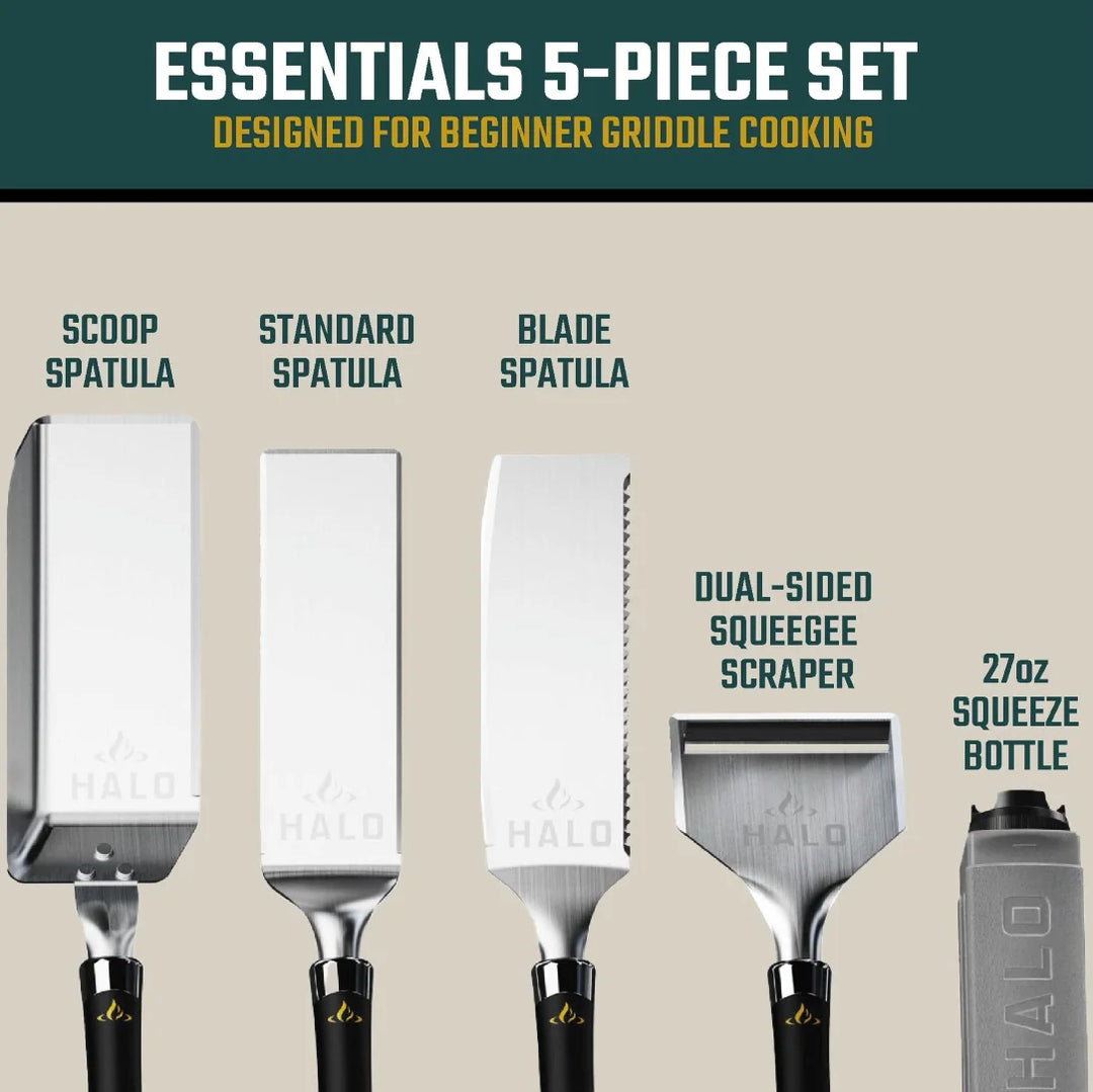 HALO 5-Piece Elite Essentials Griddle Tool Kit: A comprehensive kit featuring five essential tools, including a spatula, scoop spatula, blade spatula, squeegee scraper, and 27 oz squeeze bottle with magnetic handles for effortless use on HALO Elite Series Griddles.