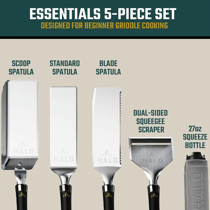 HALO 5-Piece Elite Essentials Griddle Tool Kit: A comprehensive kit featuring five essential tools, including a spatula, scoop spatula, blade spatula, squeegee scraper, and 27 oz squeeze bottle with magnetic handles for effortless use on HALO Elite Series Griddles.