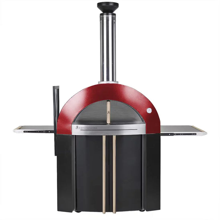 Forno Venetzia "Bellagio 300" luxury wood-fired oven features a 36" x 32" hearth, red UV-resistant powder-coated dome, and freestanding cart with tool holder and casters.