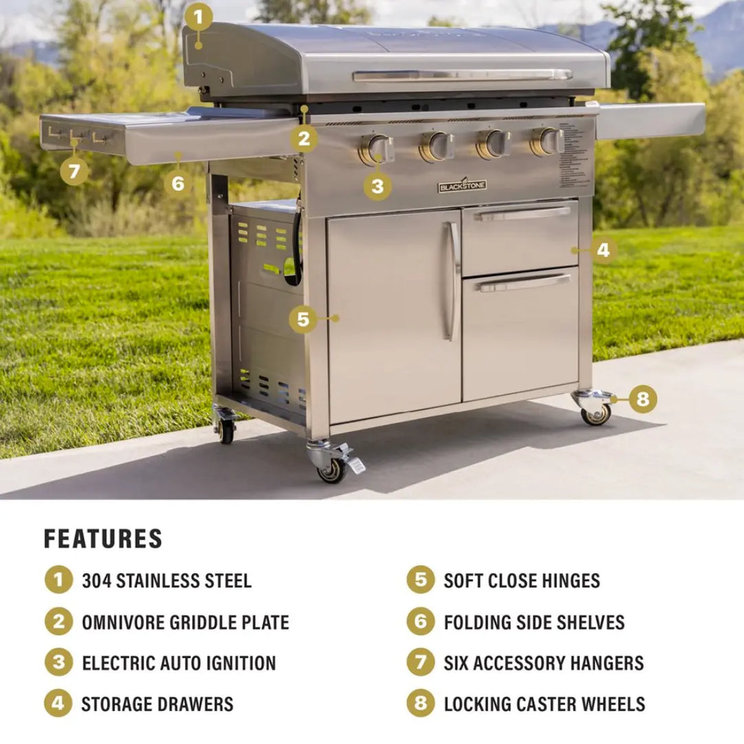 Blackstone Select 36” SS Griddle with Cabinet featuring large 768 sq. in. cooking surface, four independently controlled burners, patented Omnivore Griddle Plate Technology and sleek stainless steel design with folding side shelves and built-in hood.