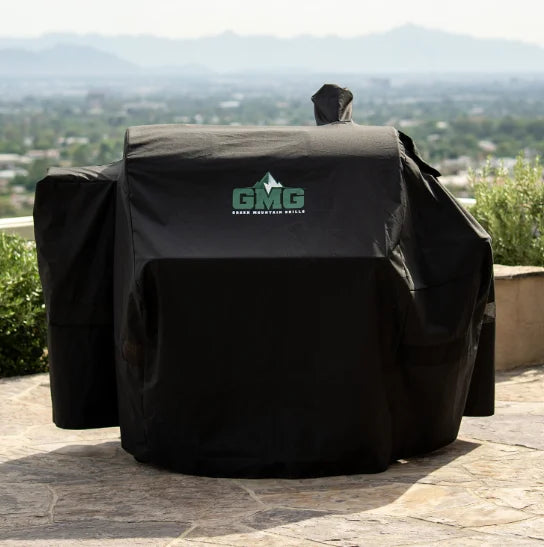 Protect your Green Mountain Grills PEAK PRIME 2.0 pellet grill from harsh outdoor conditions with this all-weather cover, crafted from heavy-duty 500D polyester and featuring adjustable chimney flaps for a secure fit.