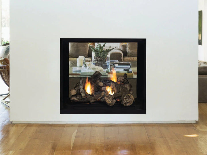 Superior 40" See-Through Direct Vent Gas Fireplace featuring expansive ceramic glass viewing area with protective screen and powerful flames over realistic aged oak log set.