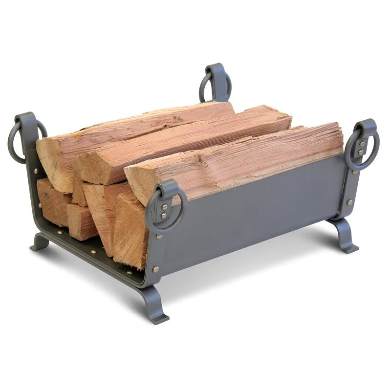 Handcrafted Pilgrim Greyson Log Holder with hand-forged details and natural iron finish, designed for wood-burning enthusiasts to store firewood with elegance and durability.