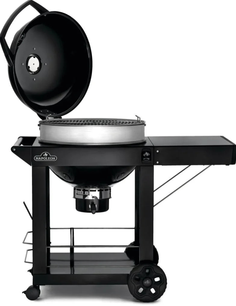 Napoleon Professional 22-inch Kettle Grill with Cart features a sturdy mobile cart with a folding side shelf, porcelain-coated cast iron cooking grids, and Napoleon's Vortex Heat Management System for precise temperature control.