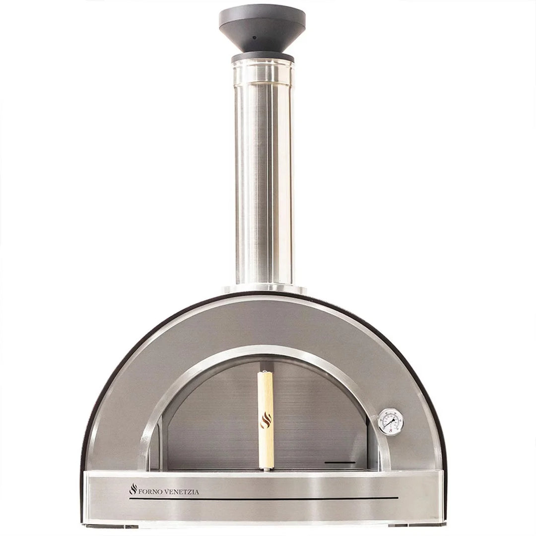 Forno Venetzia Pronto 220 Copper Countertop Wood-Fired Oven with refractory brick hearth, ceramic fiber insulation, traditional flue design, and copper-finished dome, ideal for baking two pizzas at once.
