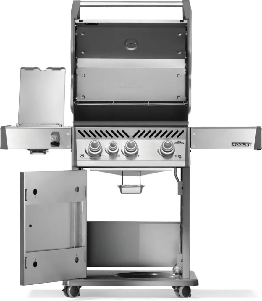 Napoleon Rogue PRO 425 SIB Stainless Steel Propane Gas Grill with Infrared Side Burner features three main burners, stainless steel WAVE grids, and an integrated infrared side burner for precise heat control and signature sear marks.
