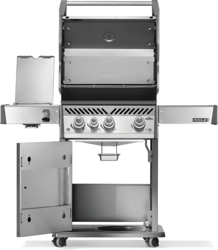 Napoleon Rogue PRO 425 SIB Stainless Steel Propane Gas Grill with Infrared Side Burner features three main burners, stainless steel WAVE grids, and an integrated infrared side burner for precise heat control and signature sear marks.