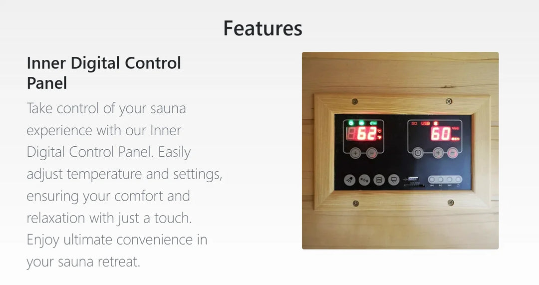 Harmony 2 Sauna, compact luxury for two, premium Hemlock wood construction, dual heating system, customizable settings, ceramic heater, carbon heaters, inner digital control panel, LED light RGB multicolor.