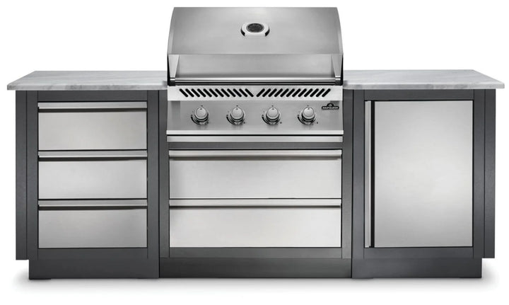 Napoleon OASIS™ 100 Modular Outdoor Kitchen Island Kit with integrated 500 Series 32-Inch Gas Grill Head featuring stainless steel burners, 48,000 BTUs, and 786 sq.in. cooking area.