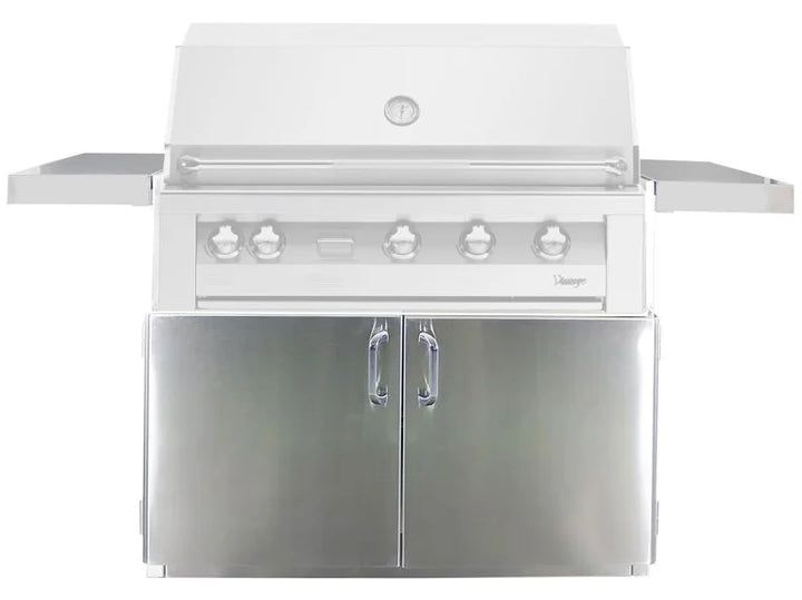Vintage 42-Inch Freestanding Grill Cart VBQ42GC made from premium #304 stainless steel, features fold-down side shelves, heavy-duty casters and robust construction for durable outdoor use.