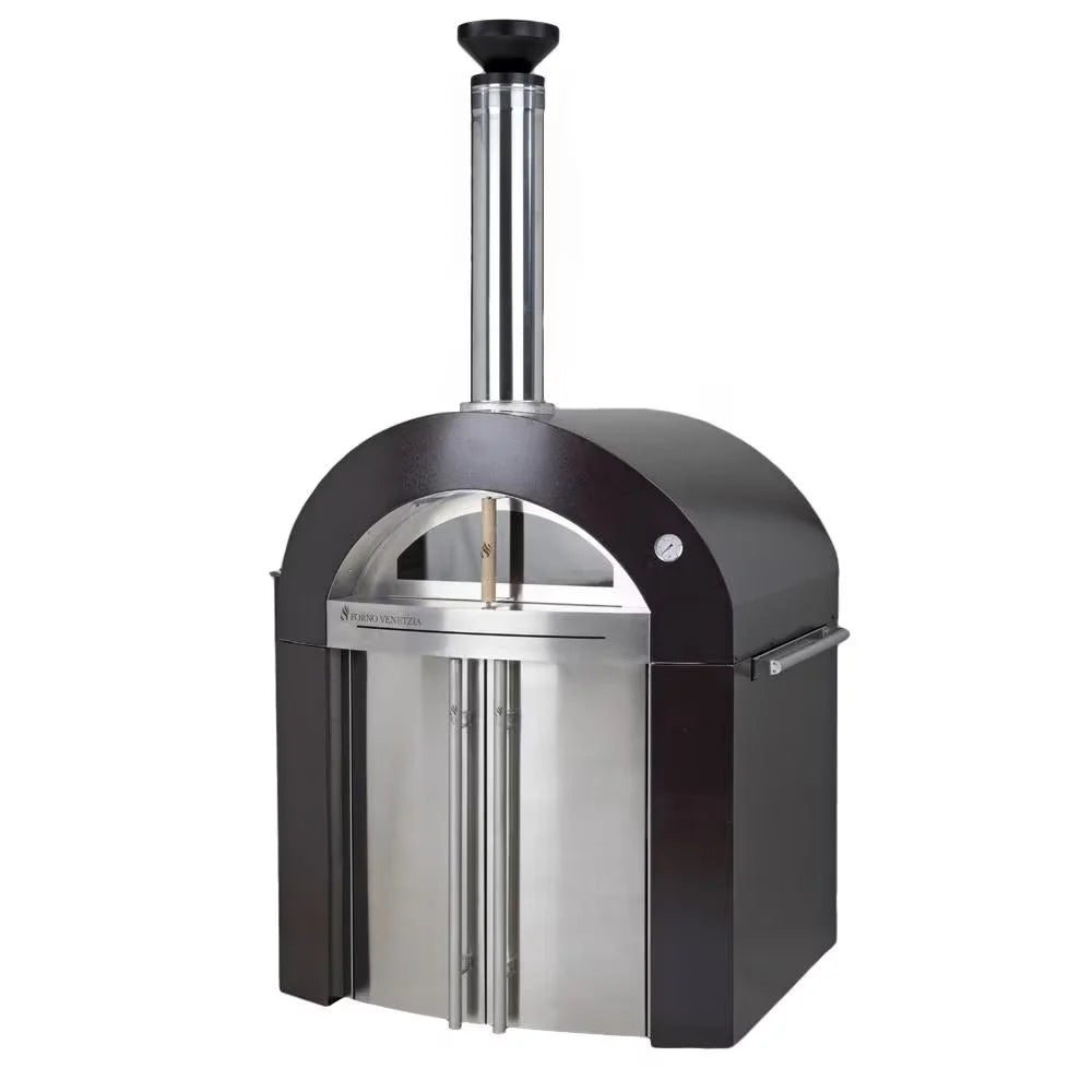 Forno Venetzia "Bellagio 500" - Copper, luxury wood-fired oven with copper dome finish, stainless steel cart, and 36" × 32" cooking surface for up to 5 pizzas.