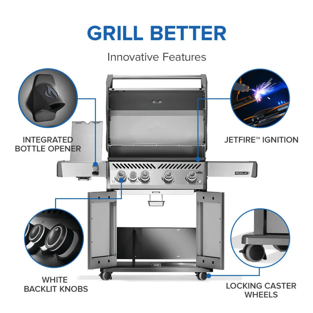 Napoleon Rogue PRO 525 SIB Propane Gas Grill features stainless steel construction, four main burners, and an infrared side burner for precise grilling control and steakhouse-quality searing results.